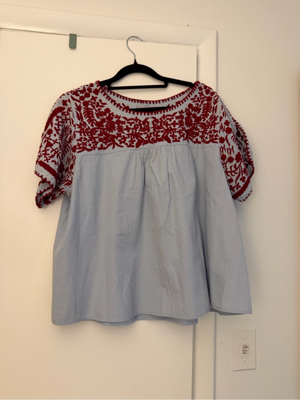 Light Blue Embroidered Peasant Blouse with Red Floral Detail